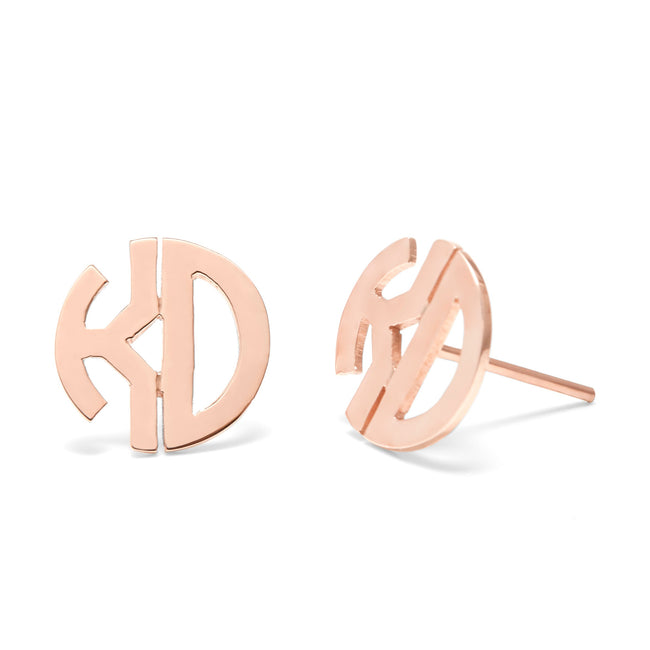 Rose Gold Round Block style Cut Out Monogram Earrings