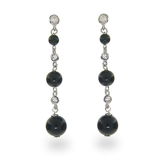 Designer Style Black Onyx Bead Silver Drop Earrings