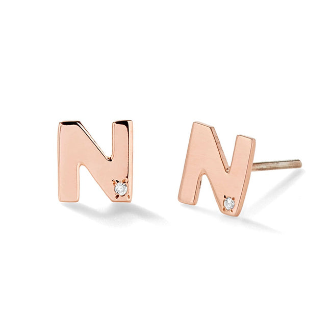 Rose Gold Initial Stud Earrings with Diamond Accents