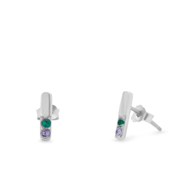 2 Stone Birthstone Silver Bar Earrings