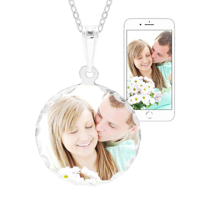 Petite Round Sterling Silver Diamond Cut Color Photo Pendant