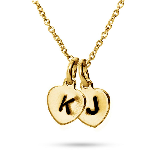 Hand Stamped Gold Vermeil Two Heart Charm Initial Necklace