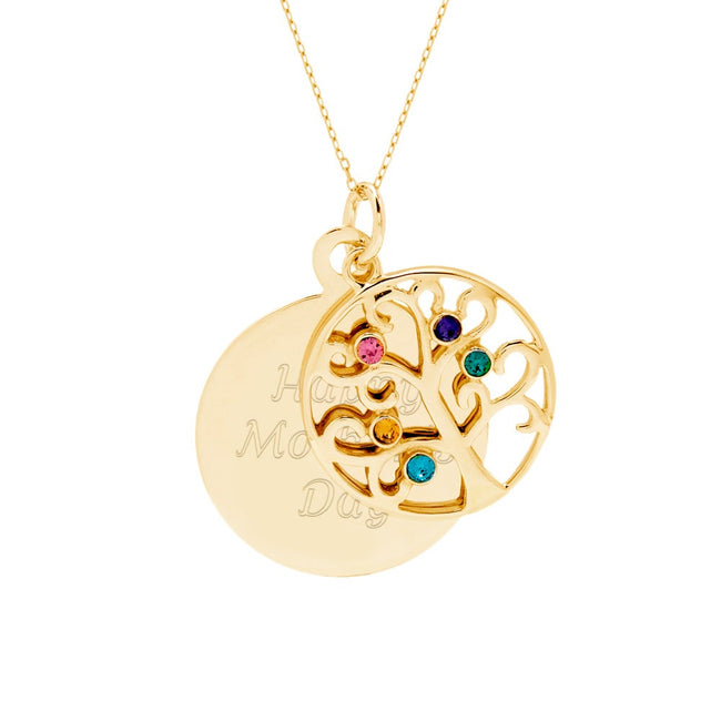 Engravable 5 Stone Gold Vermeil Birthstone Family Tree Pendant