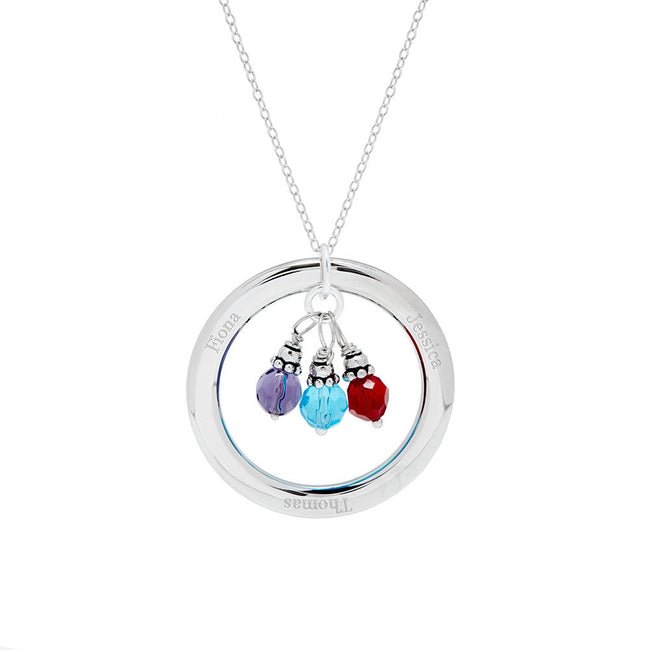 Engraved Circle Pendant with Personalized Dangling Birthstones
