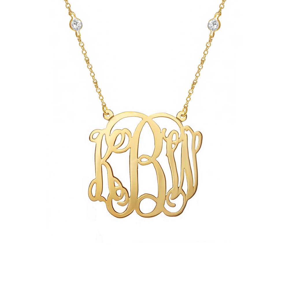 CZ Studded Chain Fancy Script Gold Vermeil Monogram Necklace