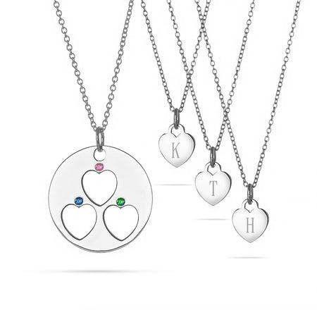 Mother and 3 Child Birthstone Initial Heart Necklace Set | Eve's Addiction