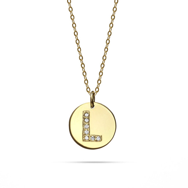 14K Gold Diamond Initial Disc Pendant