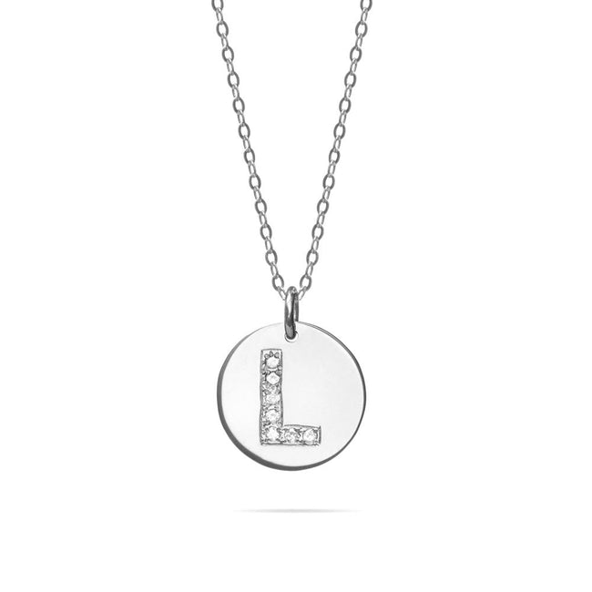 14K White Gold Diamond Initial Round Charm Necklace