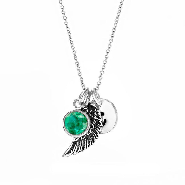 Angel Wing Initial Birthstone Charm Necklace