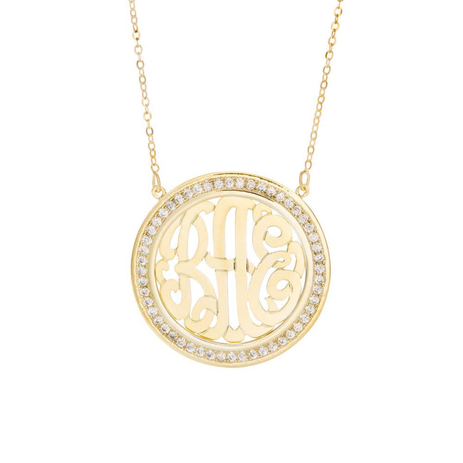 Monogram Necklace with CZ Border in Gold