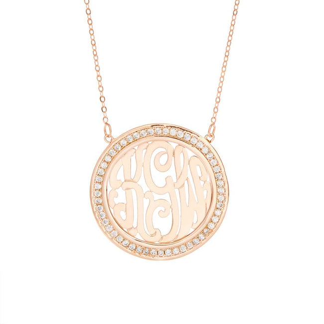 Monogram Necklace with CZ Border in Rose Gold