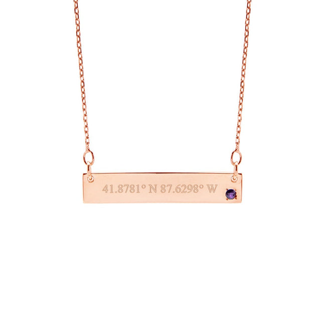 Custom Coordinate Birthstone Rose Gold Bar Necklace