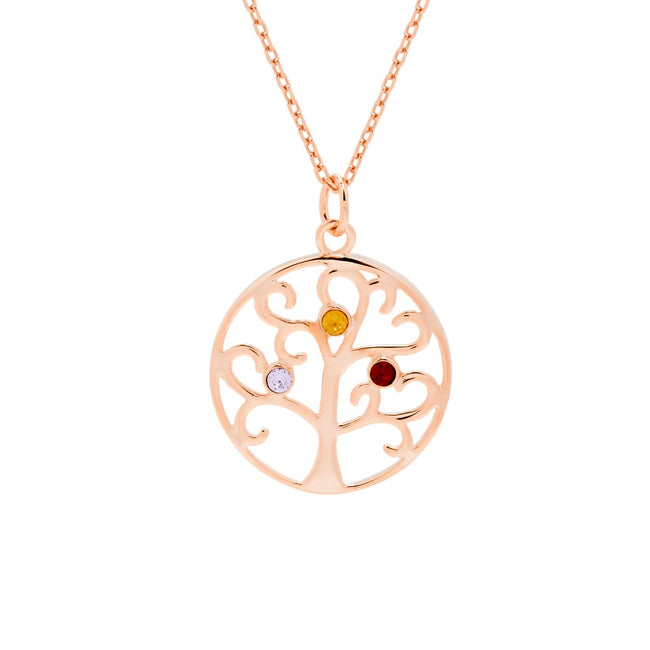 3 Stone Rose Gold Plated Birthstone Family Tree Pendant