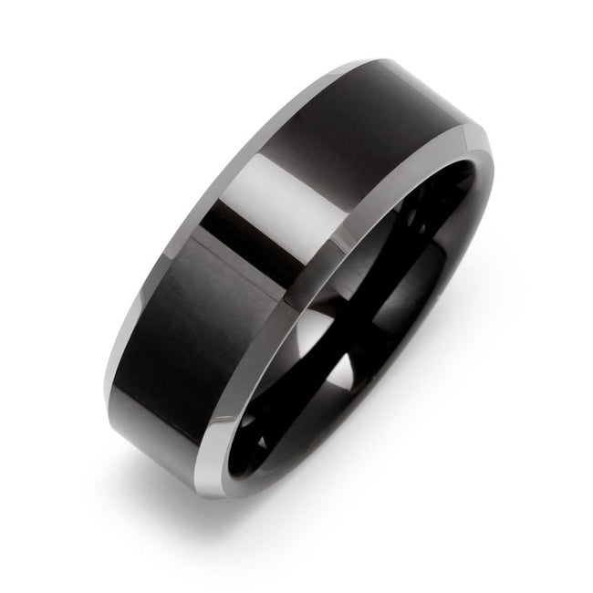Engraved 8mm Black Silver Beveled Edges Tungsten Ring 