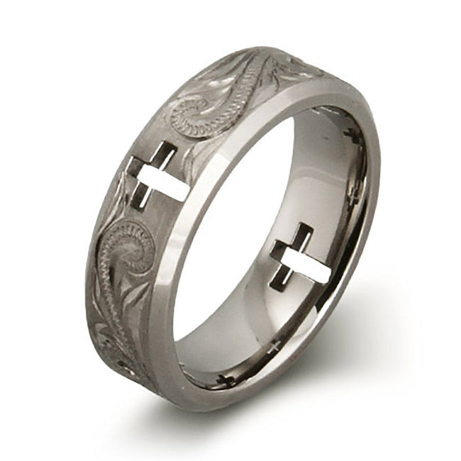 Handcrafted Vine and Cross Cut Out Titanium Ring