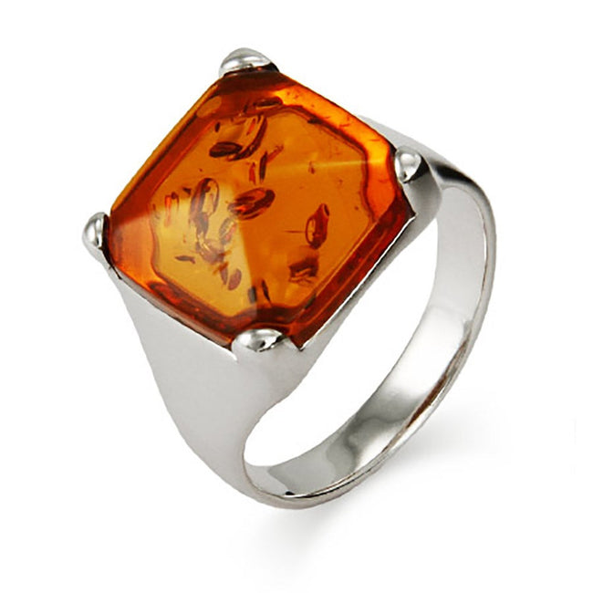 Sterling Silver Bold Princess Cut Amber Ring