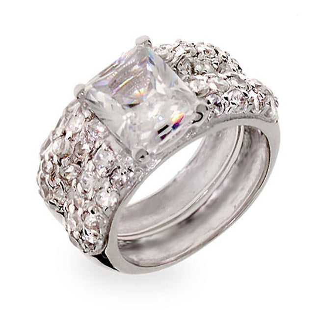 Emerald Cut CZ Sterling Silver Wedding Ring Set