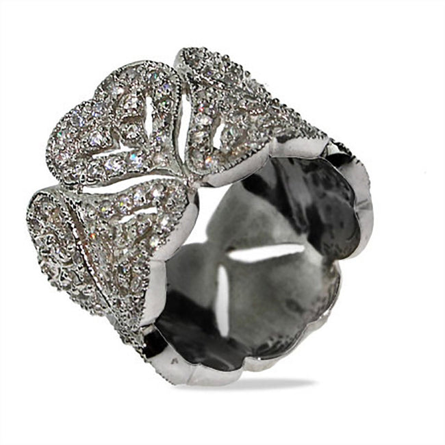 Dazzling Pave CZ Vintage Hearts Sterling Silver Cocktail Ring