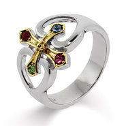 4 Stone Sterling Silver Gold Cross with Hearts Birthstone Ring - Clearance Final Sale