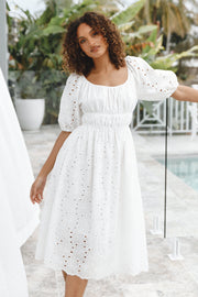 Annette Puff Sleeve Shirred Midi Dress - White