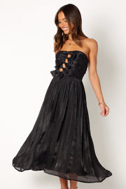 Angelique Satin Strapless Fold Over Maxi Dress in Black