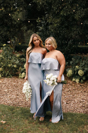 Shirred Skirt Jewel Neck Halter Bridesmaid Dress With Front Slit In  Larkspur Blue