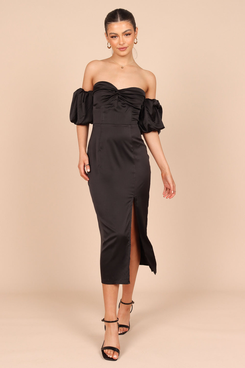 Dahlia Off Shoulder Puff Sleeve Midi Dress - Black - Petal & Pup USA