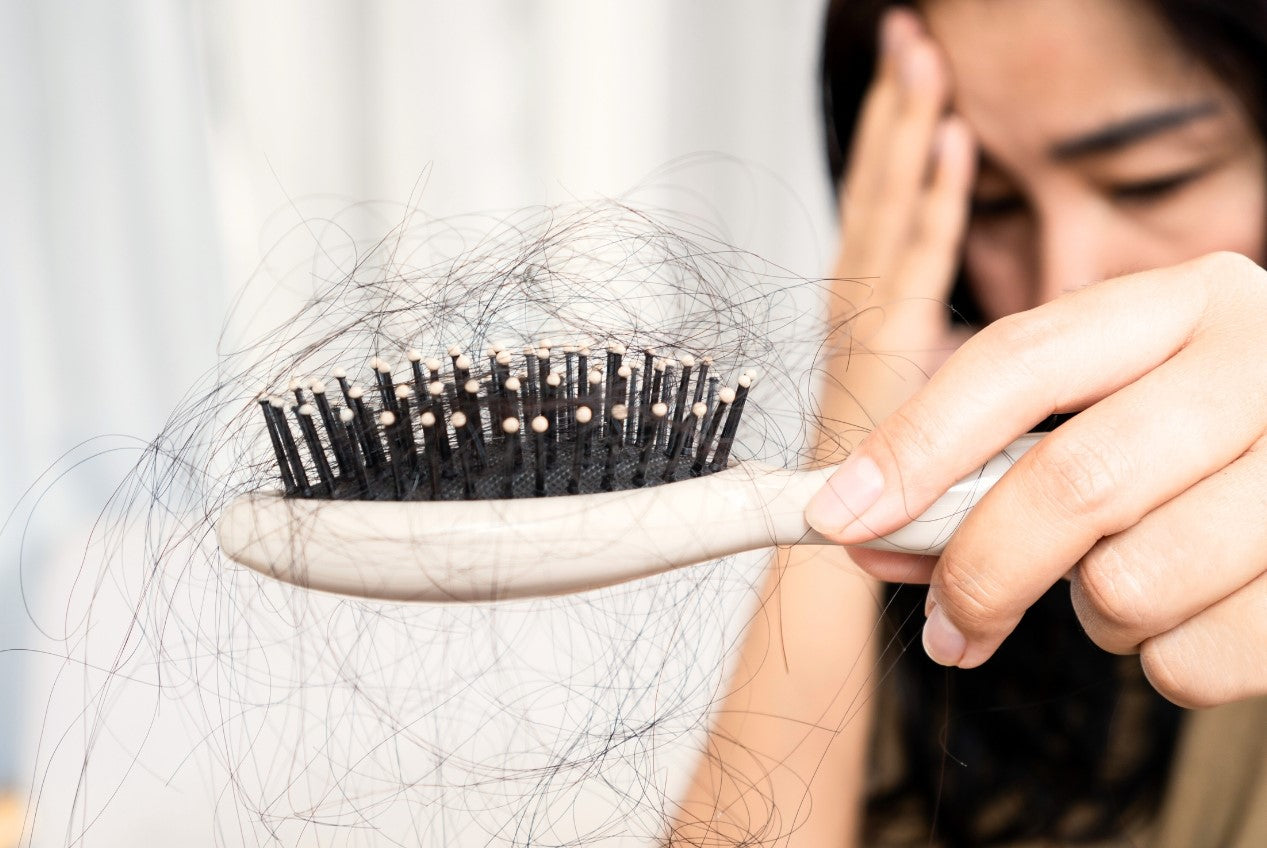 woman holding up a comb with lots of hair