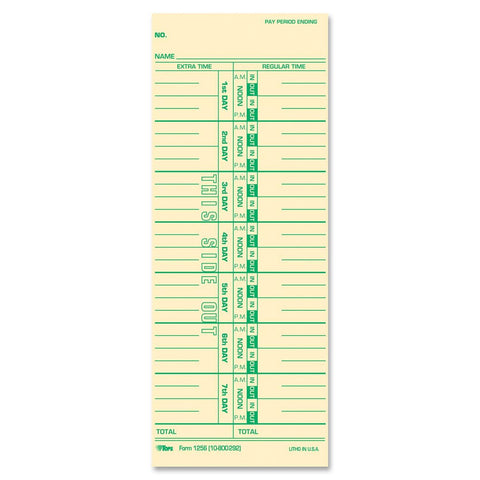 TOPS Time Cards, Weekly, 1-Sided, Numbered Days, 3-1/2" x 9", Manila, Green