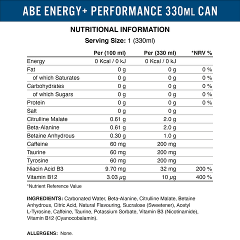 Applied Nutrition ABE Energy Can 6 x 330ml Nutritional Information
