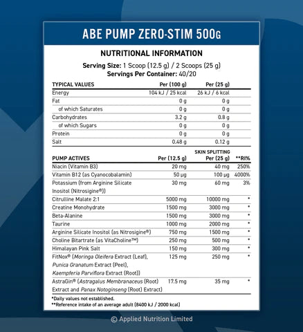 Applied Nutrition ABE Pump Pre Workout 500g nutritional Information