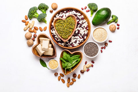 Vegan sources of protein in a heart shaped arrangement