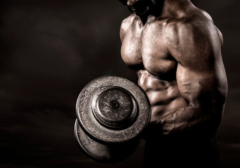 A close up of a man's chest and torso. He's lifting weights in the shadows