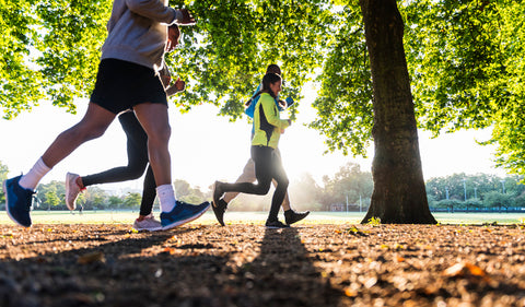 A group of runners run through the park