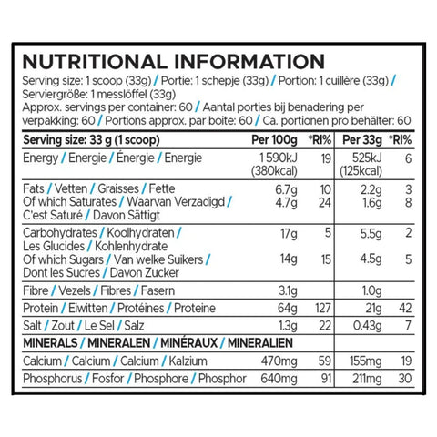 USN Premium Whey+ Protein 2kg Nutritional Information