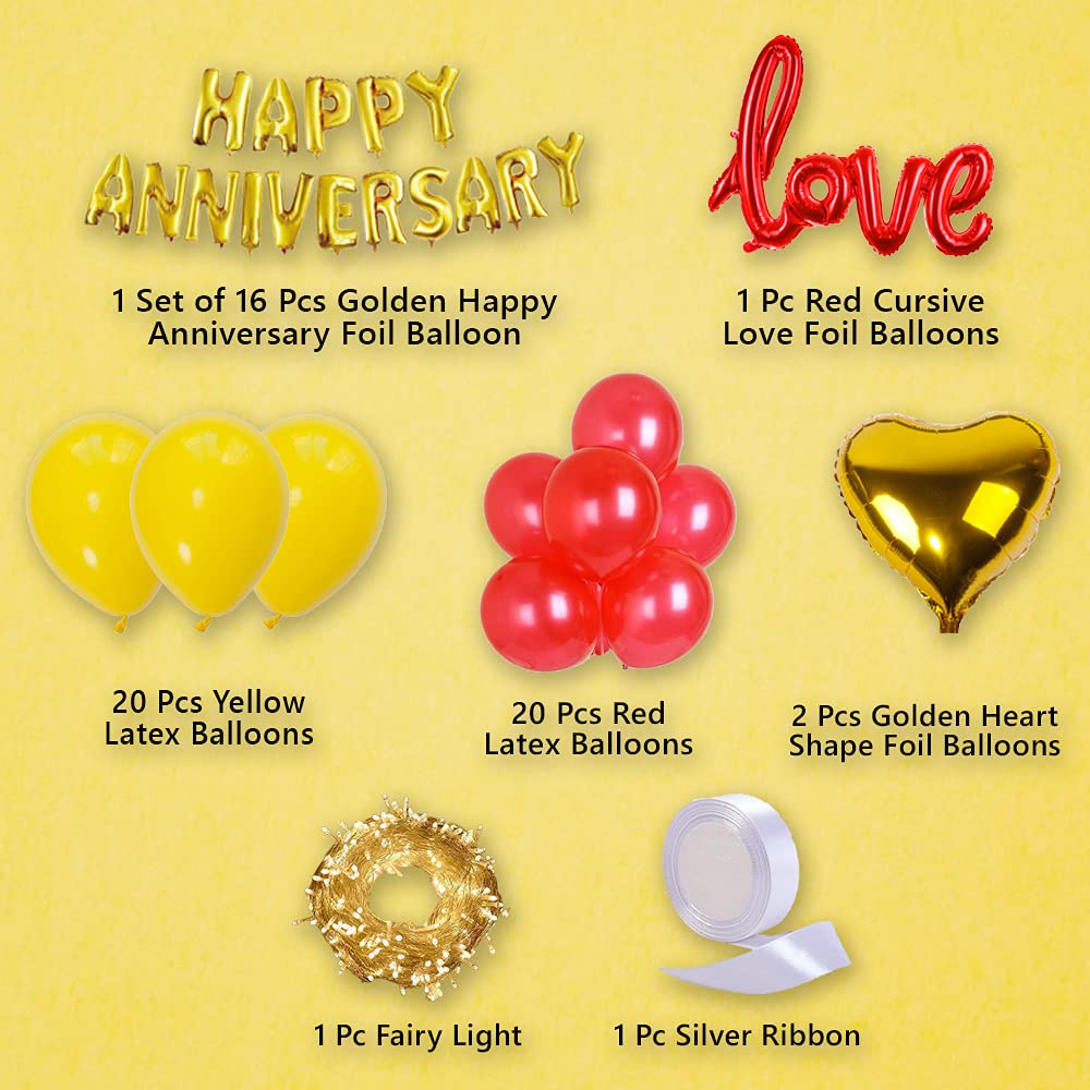 Happy Anniversary Decoration Items With Lights Kit Combo For Home Or Bedroom - Pack Of 61 Pcs - Golden Anniversary, Cursive Love, Heart Foil & Metallic Balloons LED String Light freeshipping - CherishX Partystore
