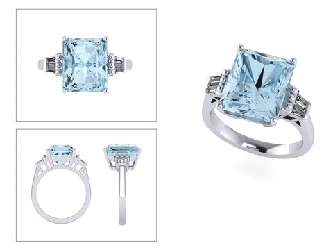 CAD of bespoke aquamarine ring trilogy with baguette diamonds