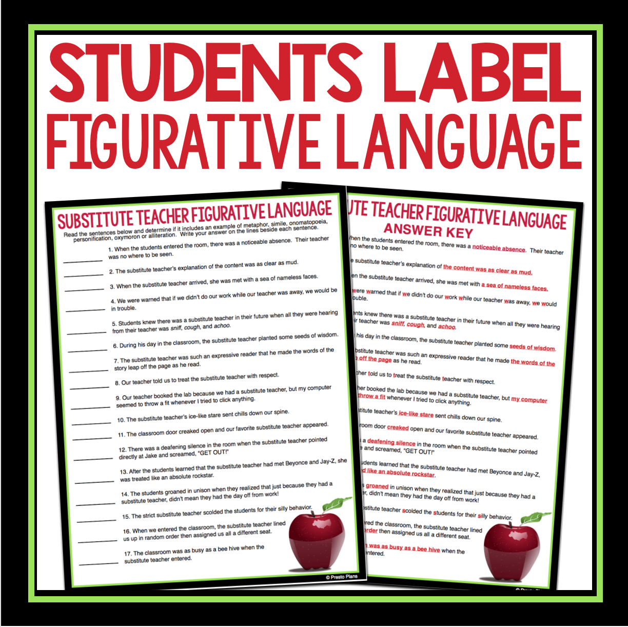 EMERGENCY LESSON SUBSTITUTE ASSIGNMENT: FIGURATIVE LANGUAGE Throughout Figurative Language Worksheet 2 Answers