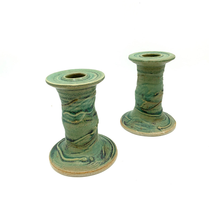 Handmade Pottery Tall lCandleholders - The Greens