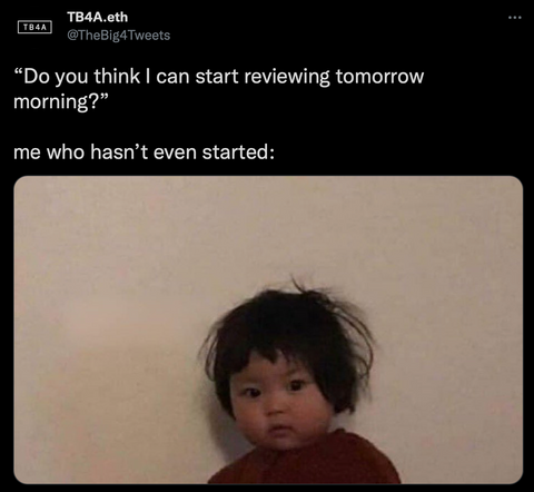 Picture of little girl with messy hair looking like she just woke up, caption states "do you think I can start reviewing tomorrow morning", "me who hasn't even started"