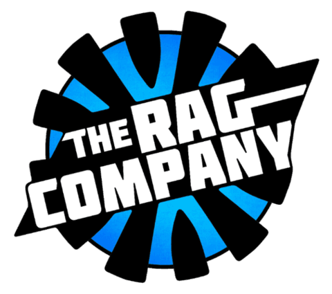 Logo for The Rag Company, written in large white letters on top of a blue circle with thick black lines arranged in a radial fashion.