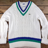 Vintage Izod Lacoste V Neck Cable Knit Tennis Sweater White Blue Green Mens L