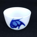 Misty Rose Koi Fish Saki Cup  Bowl Blue Cobalt White Ceramic Sushi