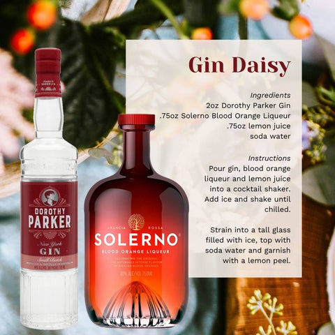 Bottles of Dorothy Parker Gin and Solerno Blood Orange Liqueur next to a cocktail recipe.