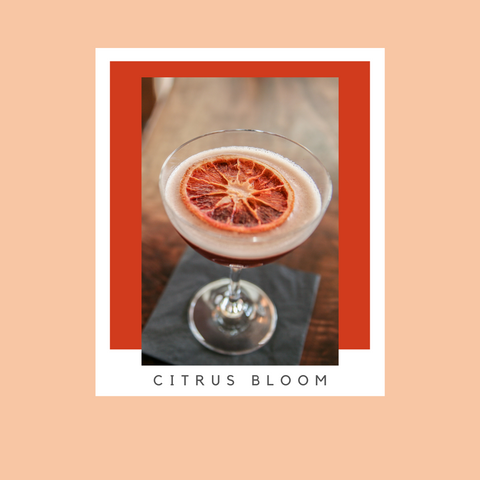 Pink colored cocktail in a coupe glass with floating blood orange slice on a wood grain backdrop. The name of the cocktail Citrus Bloom is at the bottom 