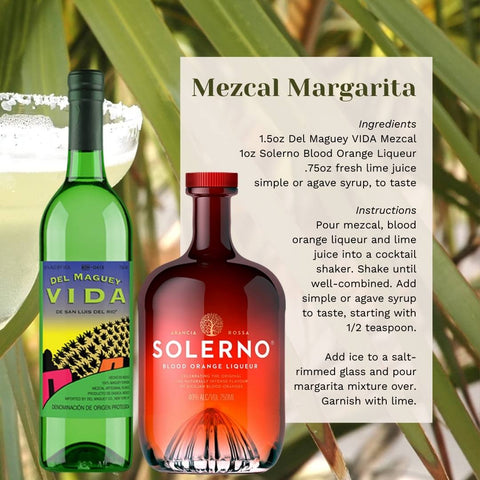 Bottle of Del Maguey Vida and Solerno Blood Orange Liqueur with a cocktail recipe.