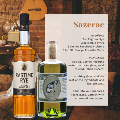 Bottles of NY Distilling Ragtime Rye and St. George Absinthe Verte next to a cocktail recipe.