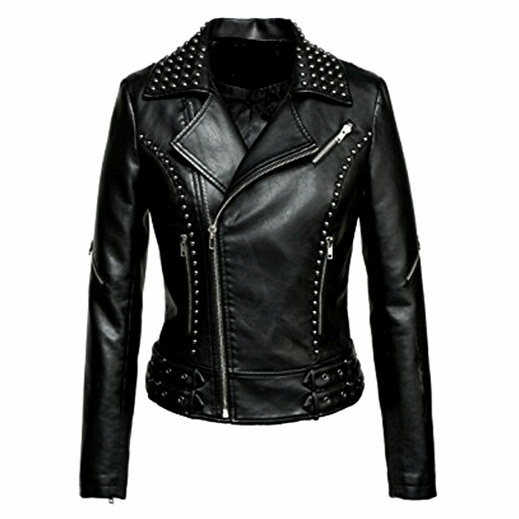 Women's Black Motor biker Genuine Leather Jacket With Silver Studs Sli ...