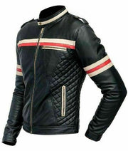 Men's Cafe Racer Vintage Striped Men's Motorcycle Real Leather Jacket ...