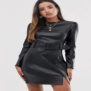 Women Genuine Leather Black Dress Short/Mini Bodycon Leather Overall With Belt - Luxurena Leather